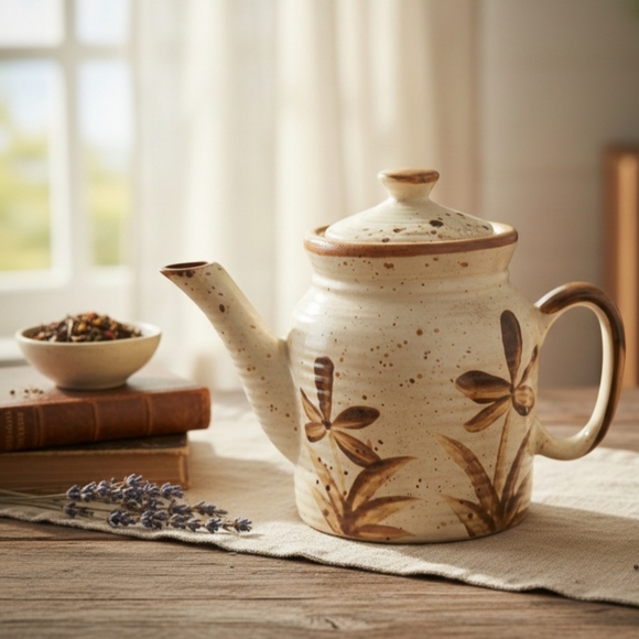 Vintage Speckled Stoneware Teapot Boho Retro 70s Hand Painted Tea Pot - Picture 1 of 10